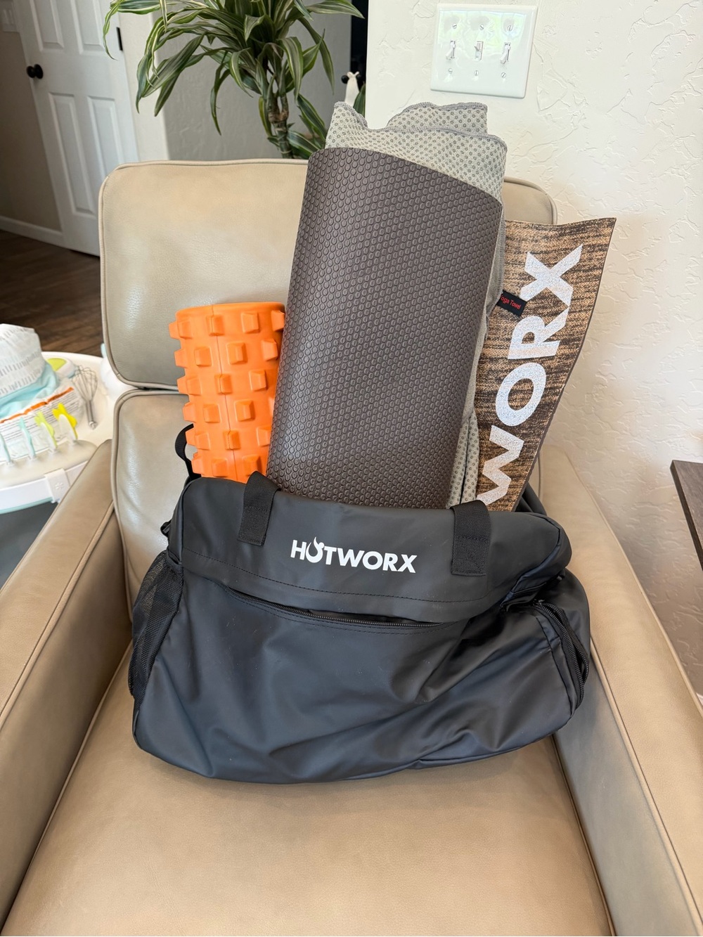 HOTWORX Black Gym Tote with Mat, Towel & Orange Foam Roller